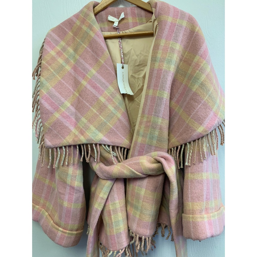 LoveShackFancy Harrison Wrap Jacket Oakwood Pink Plaid Fringe Wool Coat XS/S - Picture 4 of 10